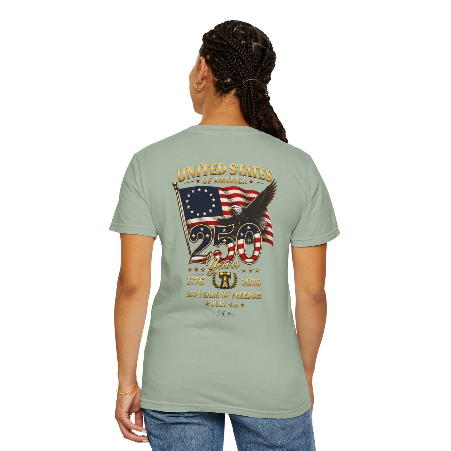 America 250 Betsy Ross Flag Back & Chest Design 1776-2026