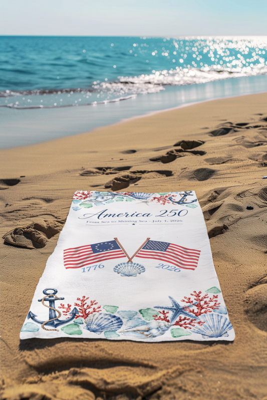 America 250 Coastal Commemorative Beach Towel | 1776–2026 Patriotic Nautical Towel