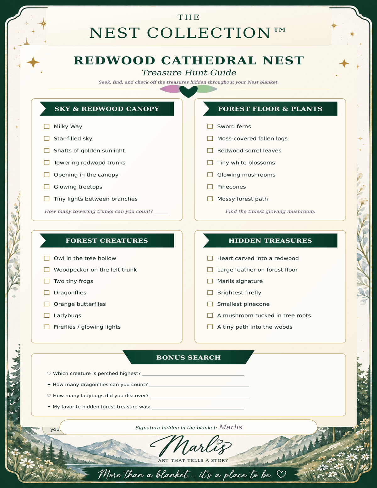 Redwood Cathedral Nest — Oversized Immersive Seek-and-Find Blanket
